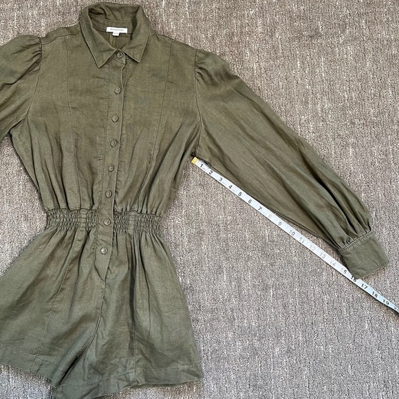 WeWoreWhat Linen Smocked-Waist Puff-Sleeve Romper Olive Green Size XS - Picture 7 of 10